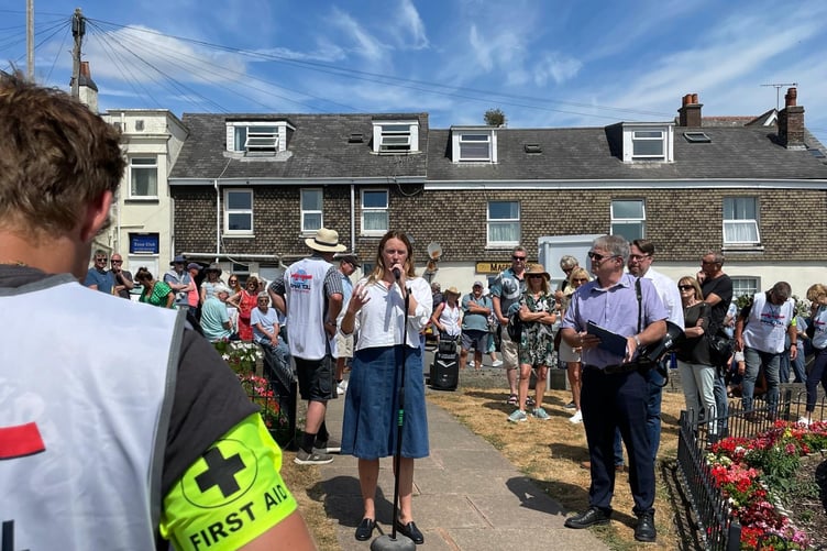 South East Cornwall MP, Anna Gelderd, addresses local residents ahead of the TTAG protest march