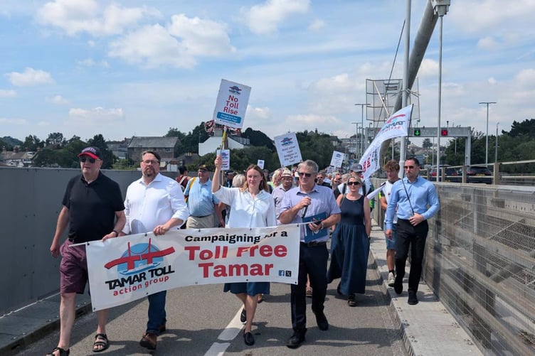 Labour MP for South East Cornwall Anna Gelderd at the head of the protest march across the Tamar Bridge