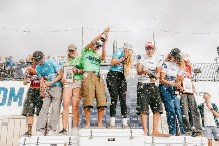 Some of the winners of the Boardmasters surf comp celebrate in style
