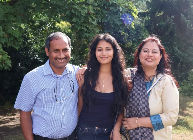 Ornela and her parents collecting her GCSE results at Truro High School