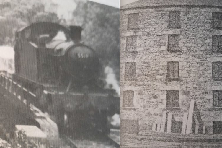 Old pictures of a steam train on the Retew branchline and of the mill at Retew.