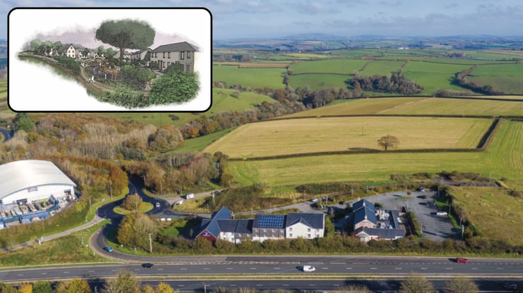 An aerial image of the Tencreek development site on the outskirts of Liskeard, while (inset) an artist impression of how it will look when completed