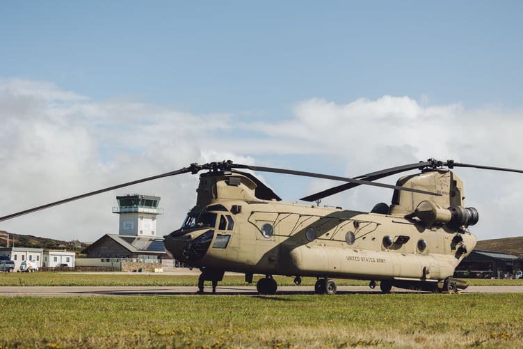 A Chinook helicopter after having landed at Land's End Airport