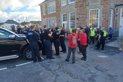 There is a large police and emergency service presence in Falmouth today as teams prepare for the detonation of the WWII bomb found this week in the bay
