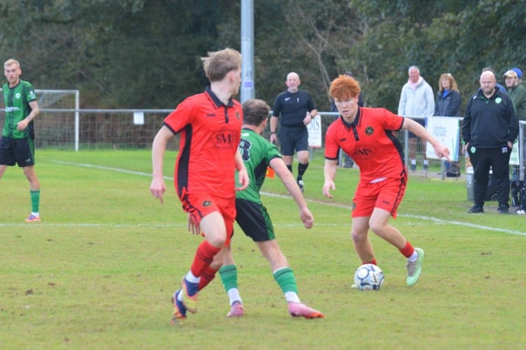 Plymouth Parkway loanee Ethan Wright, pictured on the ball, had a couple of efforts in the first half.