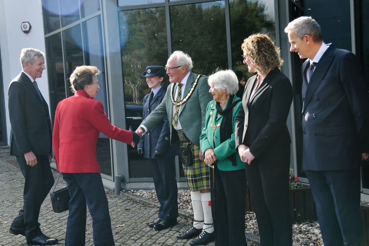 HRH Princess Anne is welcomed to Saltash's China Fleet Country Club by the town mayor, Cllr Brian Stoyel