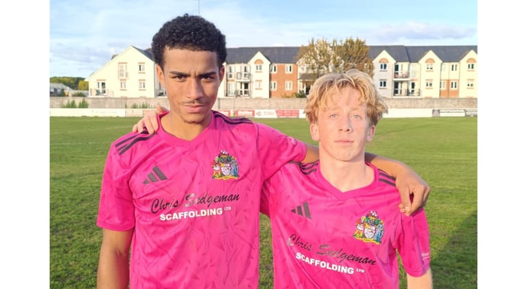 Jahmali Prowse (left) grabbed his first goal at first team level at Newton Abbot Spurs and is pictured with fellow youth product Ben Strevens who made his debut.